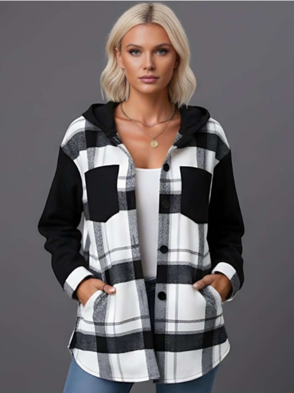 Plaid Print Drop Shoulder Hooded Shirt